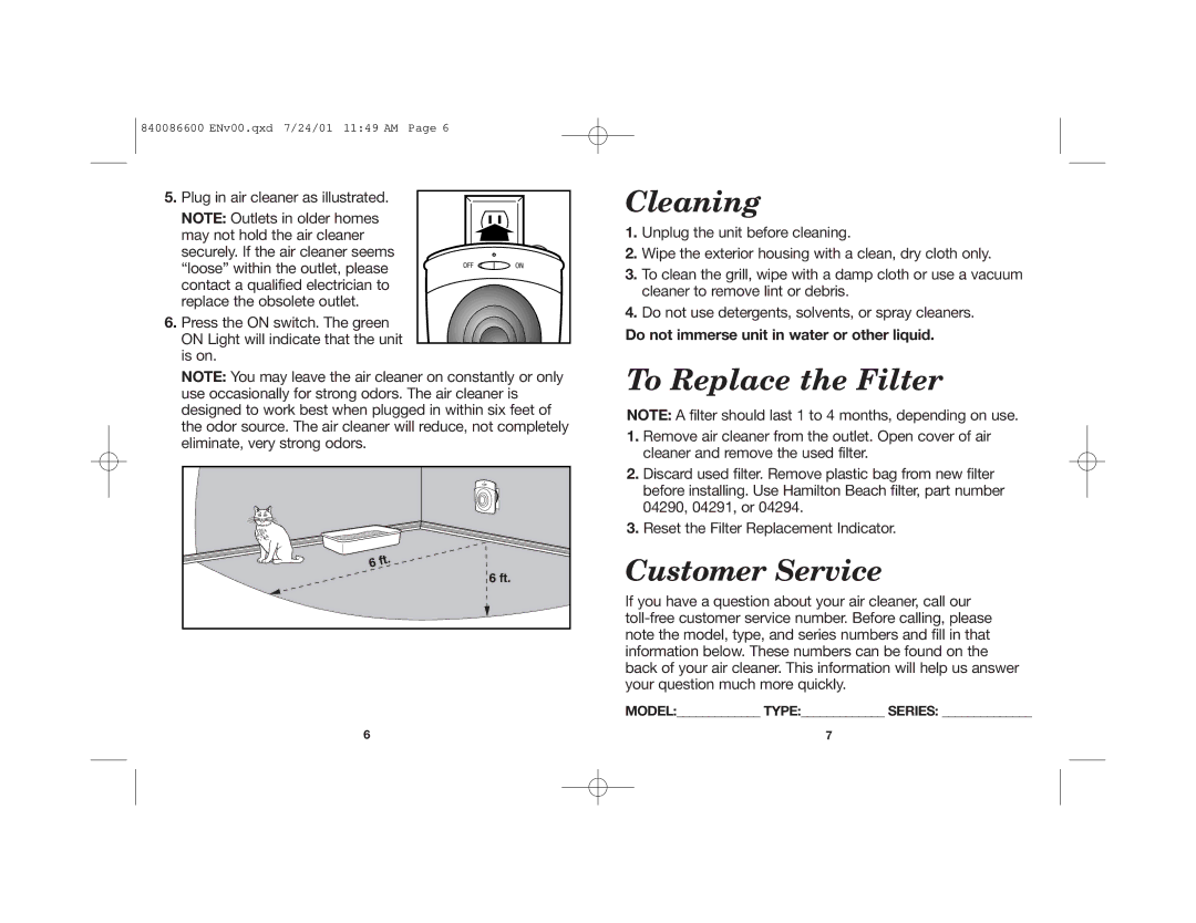 Hamilton Beach TrueAir manual Cleaning, To Replace the Filter, Customer Service 