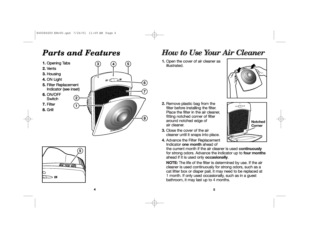 Hamilton Beach TrueAir manual Parts and Features, How to Use Your Air Cleaner 