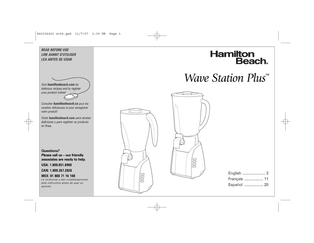 Hamilton Beach 53257C manual Wave Station Plus, Questions?, USA Can MEX 01 800 71 16 