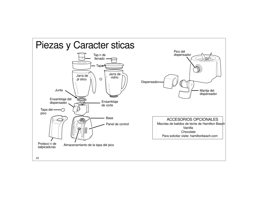 Hamilton Beach Wave Station Plus, 53257C manual Piezas y Características, Accesorios Opcionales, Tapa del pico 
