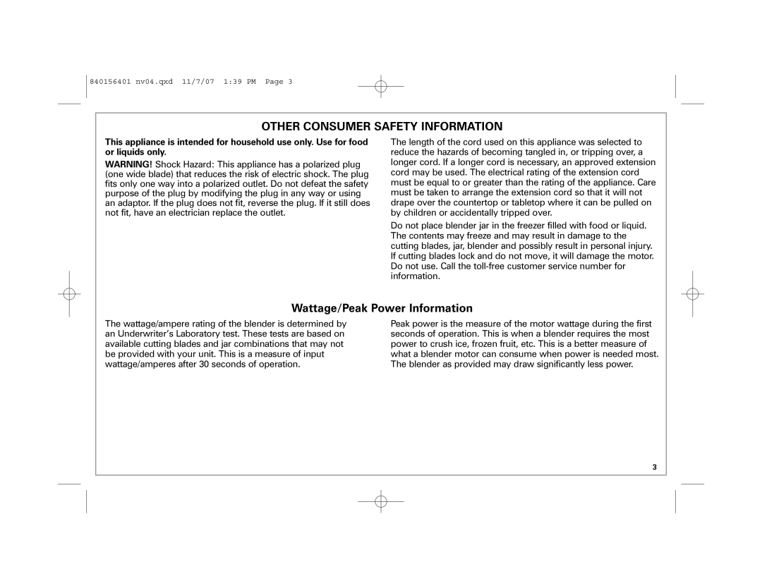 Hamilton Beach 53257C, Wave Station Plus manual Other Consumer Safety Information, Wattage/Peak Power Information 