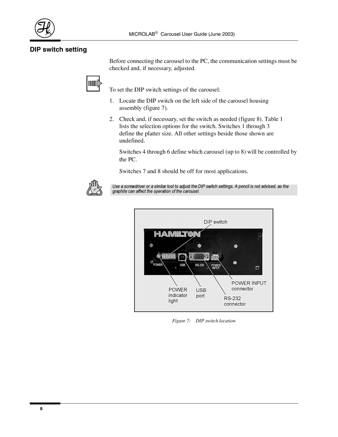 Hamilton Electronics 8534-01 manual DIP switch setting, DIP switch location 