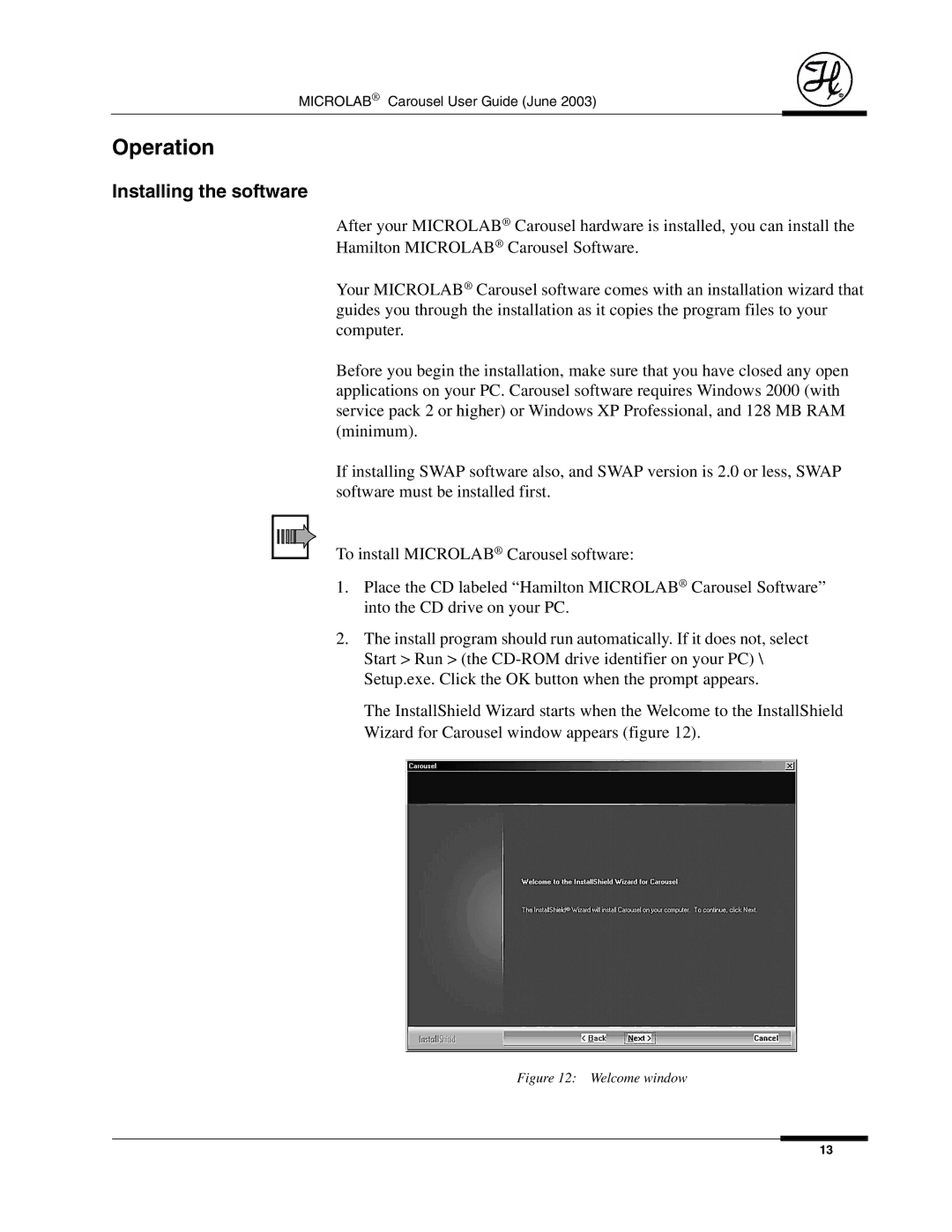 Hamilton Electronics 8534-01 manual Operation, Installing the software 