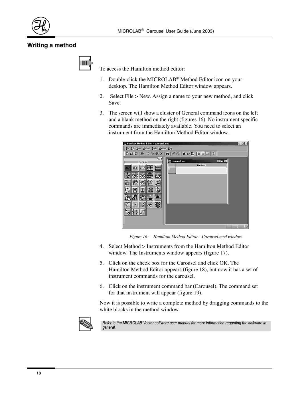 Hamilton Electronics 8534-01 manual Writing a method, Hamilton Method Editor Carousel.med window 