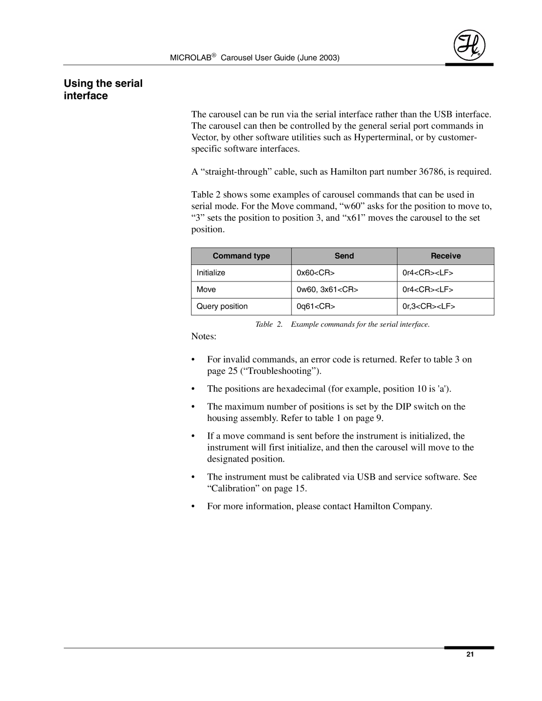 Hamilton Electronics 8534-01 manual Using the serial interface, Command type Send Receive 