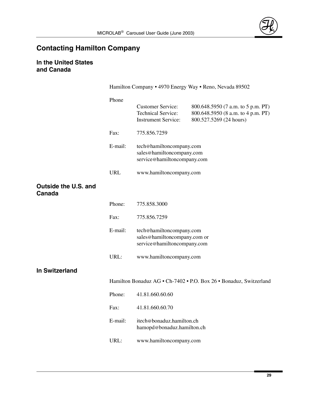 Hamilton Electronics 8534-01 manual Contacting Hamilton Company, United States Canada, Outside the U.S. Canada, Switzerland 