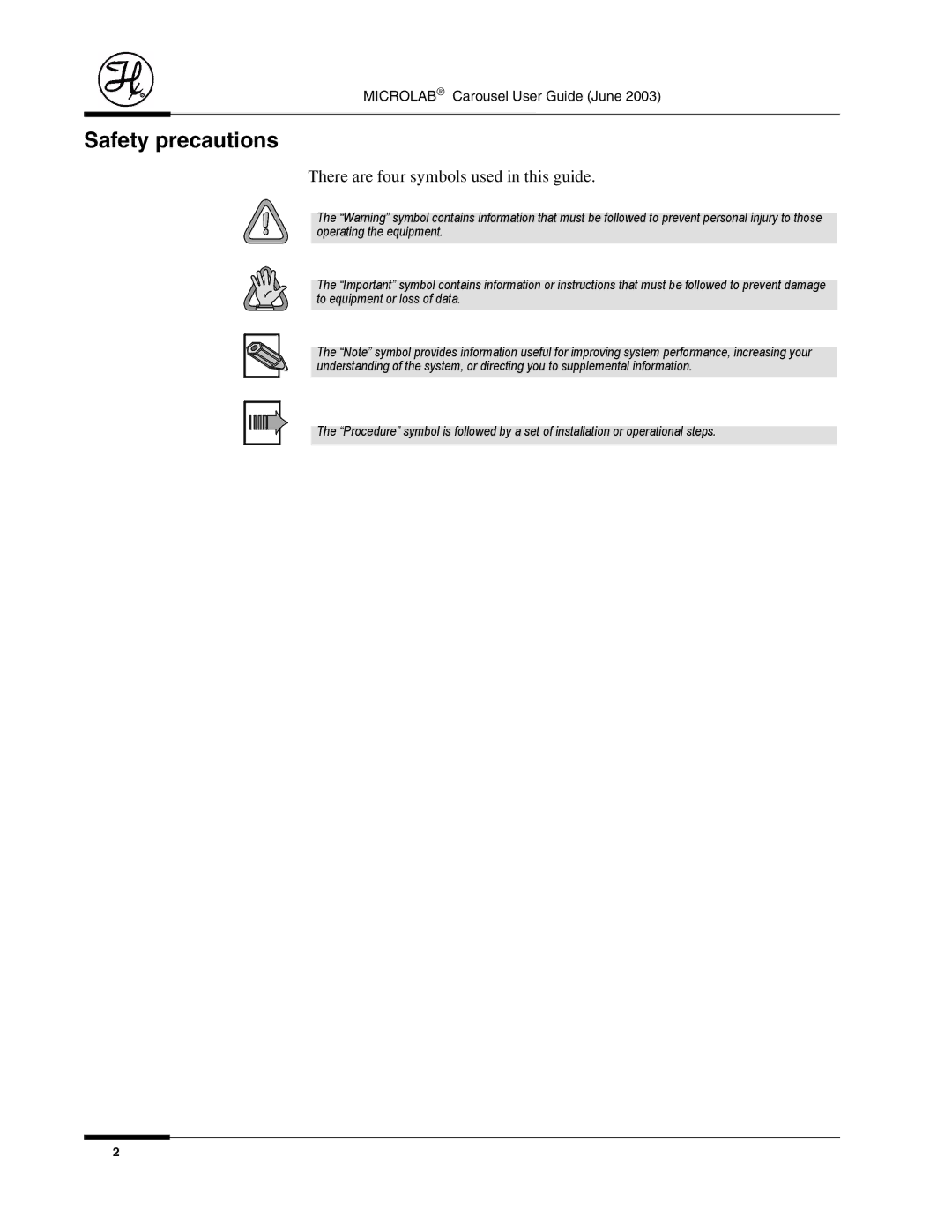 Hamilton Electronics 8534-01 manual Safety precautions, There are four symbols used in this guide 