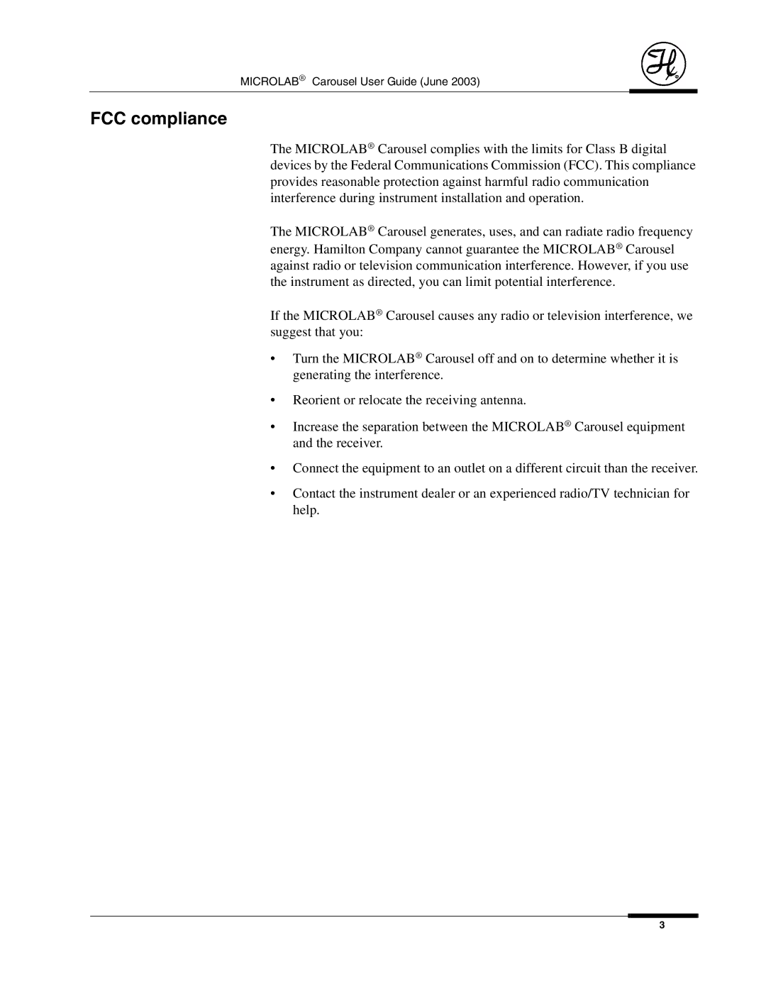 Hamilton Electronics 8534-01 manual FCC compliance 