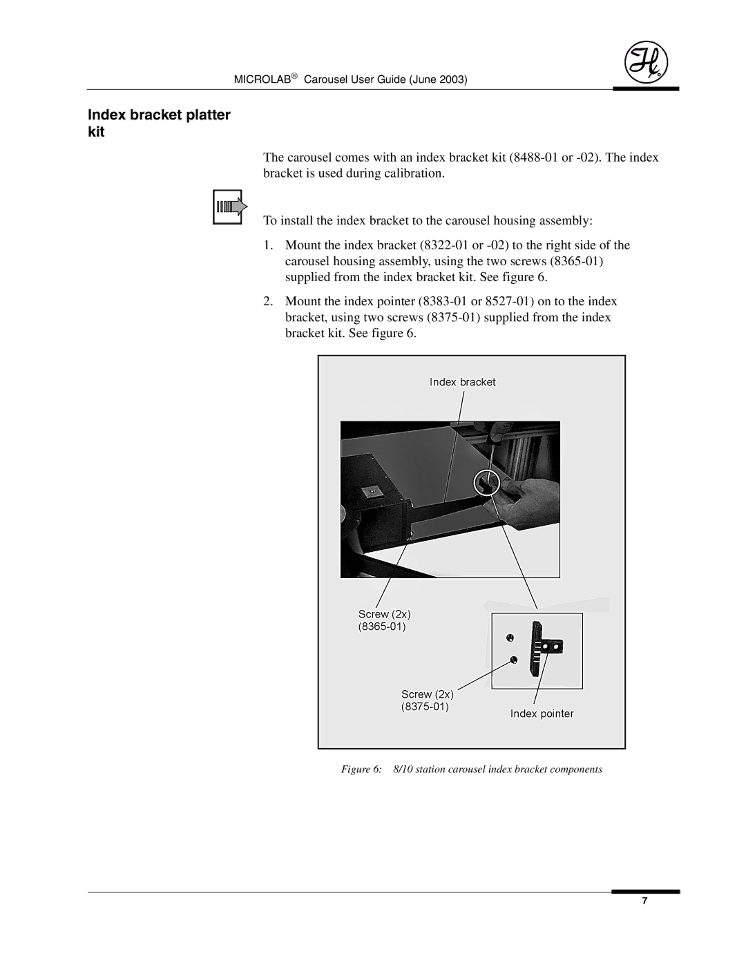 Hamilton Electronics 8534-01 manual Index bracket platter kit, station carousel index bracket components 