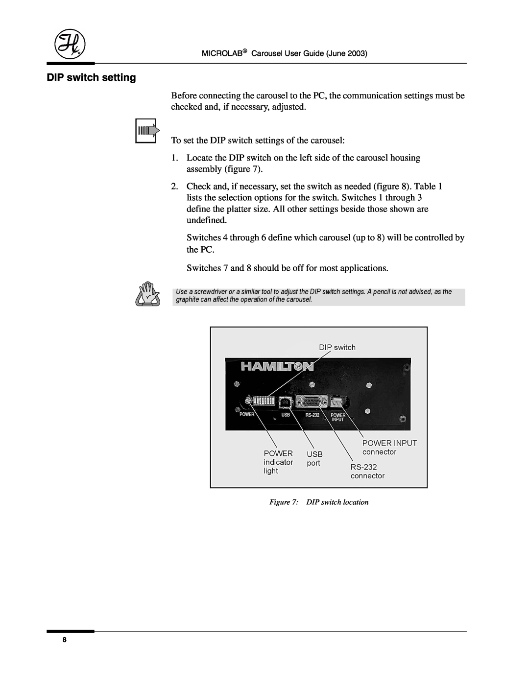 Hamilton Electronics 8534-01 manual DIP switch setting 