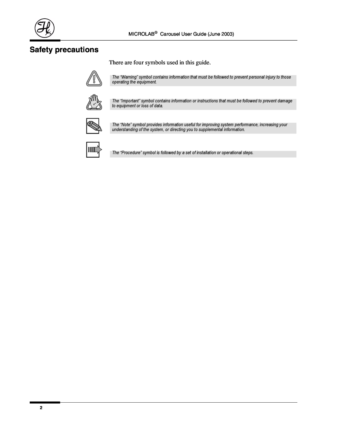 Hamilton Electronics 8534-01 manual Safety precautions, There are four symbols used in this guide 