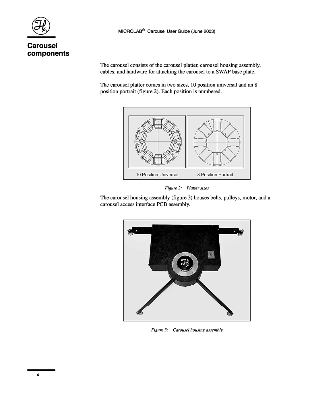 Hamilton Electronics 8534-01 manual Carousel components, Platter sizes, Carousel housing assembly 