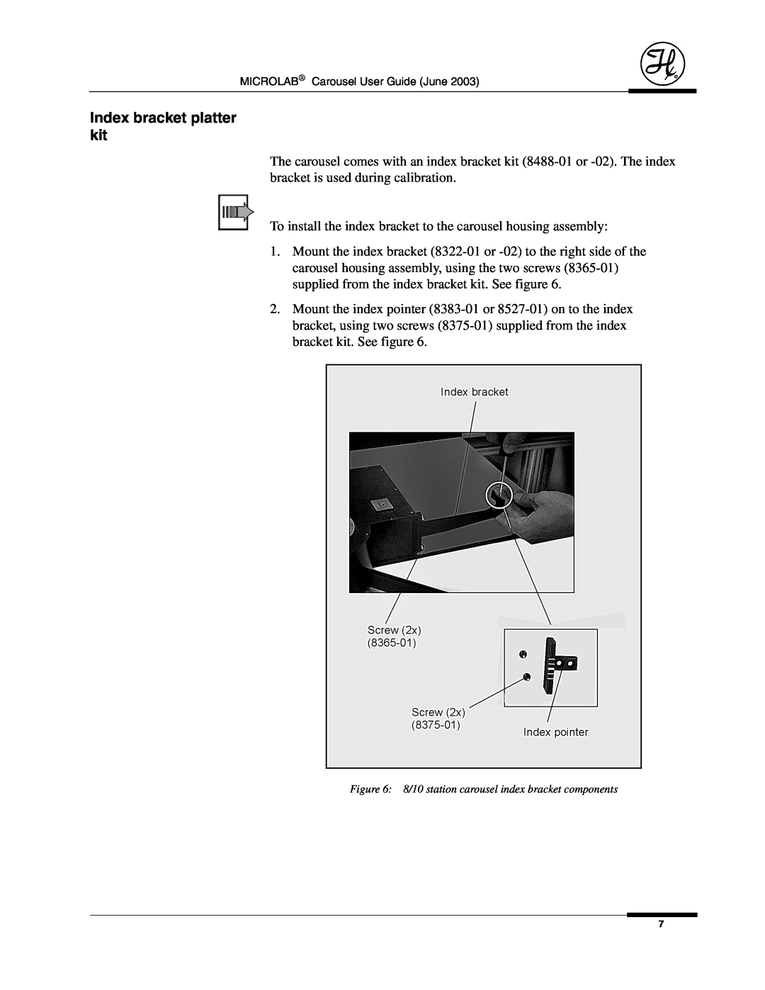 Hamilton Electronics 8534-01 manual Index bracket platter kit 