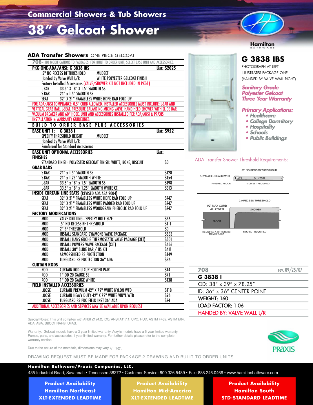 Hamilton Electronics A 6436 IBS 38” Gelcoat Shower, G 3838 IBS, ADA Transfer Showers ONE-PIECEGELCOAT, Sanitary Grade 