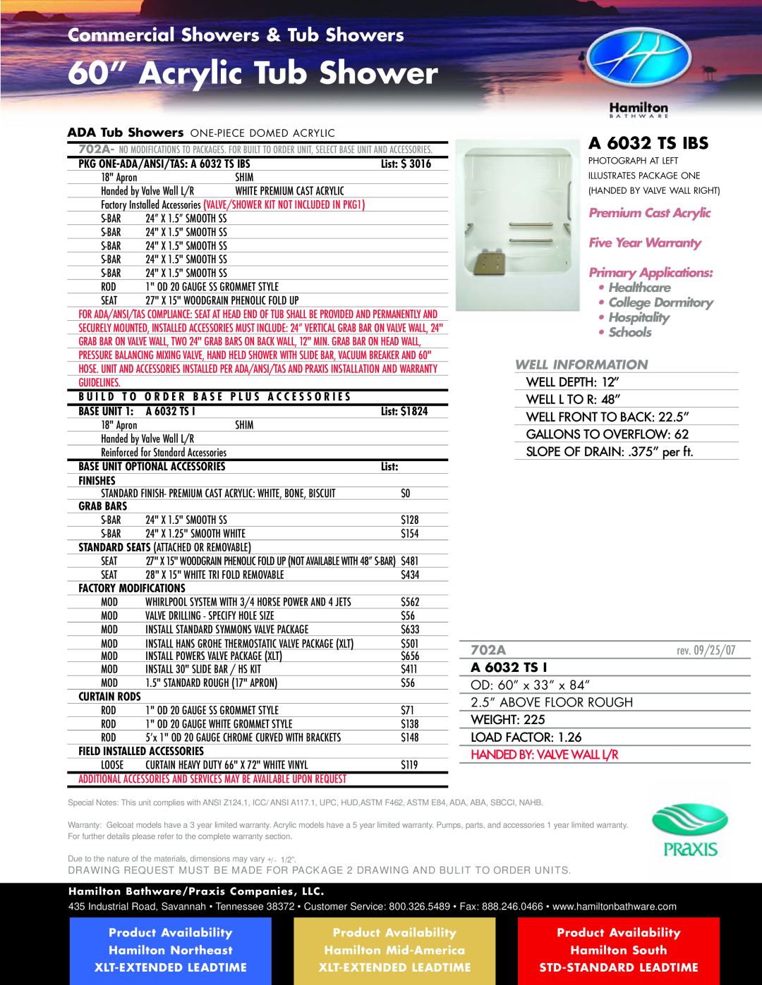 Hamilton Electronics A 6436 IBS 60” Acrylic Tub Shower, A 6032 TS IBS, •Schools WELLWELLINFORMATIONDEPTH: 12”, 702A, List 
