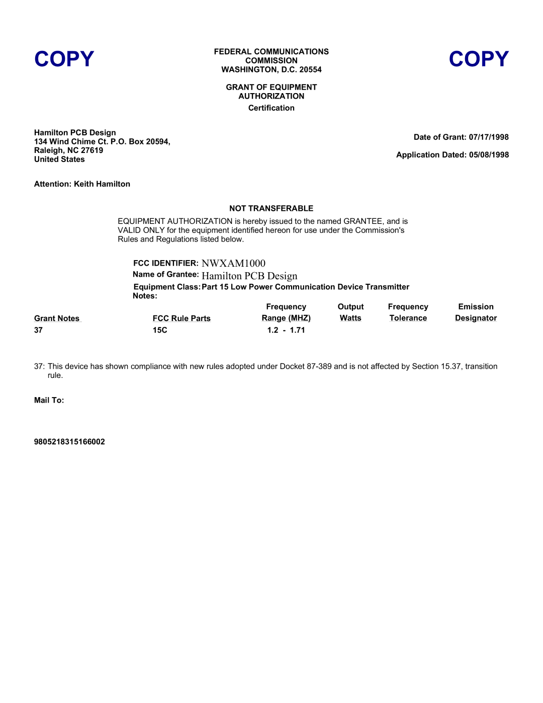 Hamilton Electronics AM1000 installation instructions Copy 