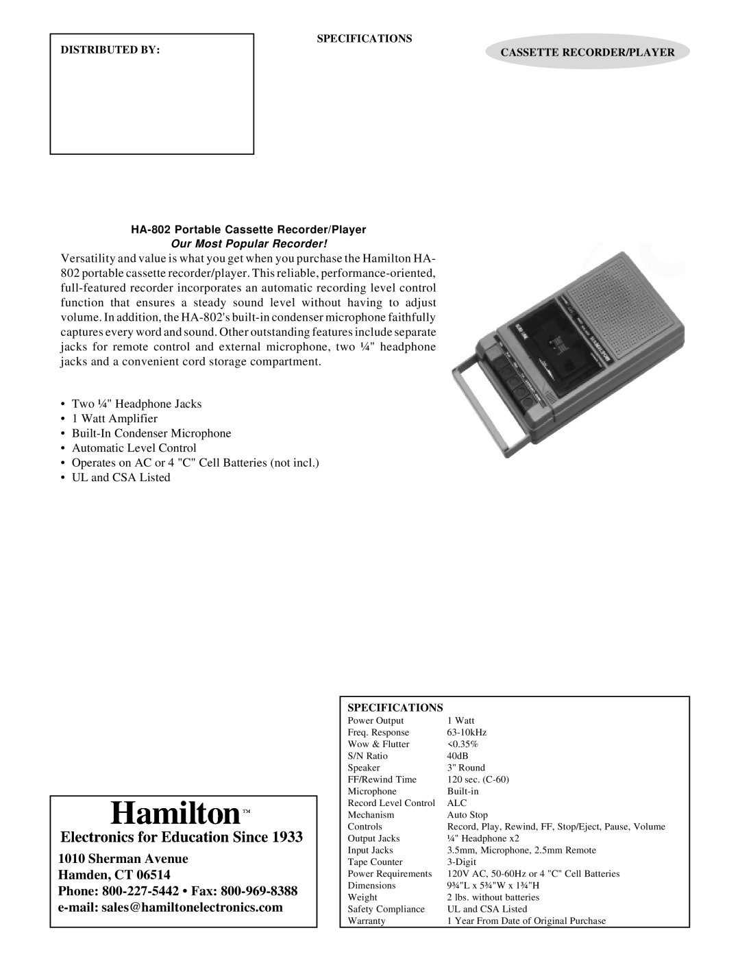 Hamilton Electronics HA-802 specifications Phone 800-227-5442 Fax Mail sales@hamiltonelectronics.com, Alc 