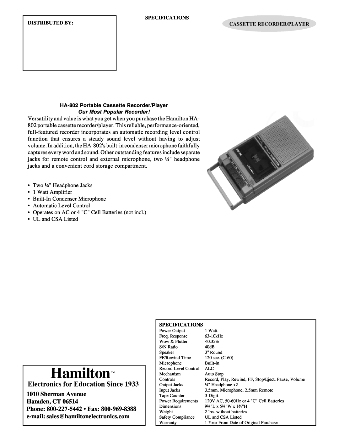Hamilton Electronics HA-802 specifications Phone 800-227-5442 Fax, Sherman Avenue Hamden, CT 
