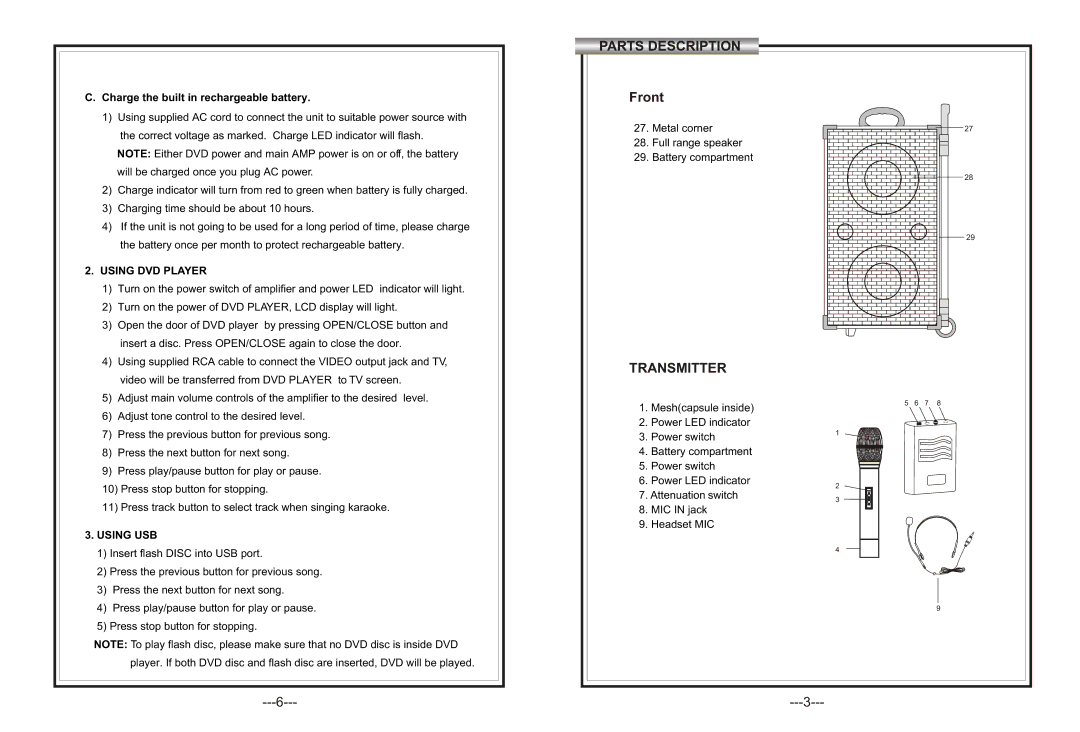 Hamilton Electronics PA-85 Parts Description, Charge the built in rechargeable battery, Using DVD Player, Using USB 