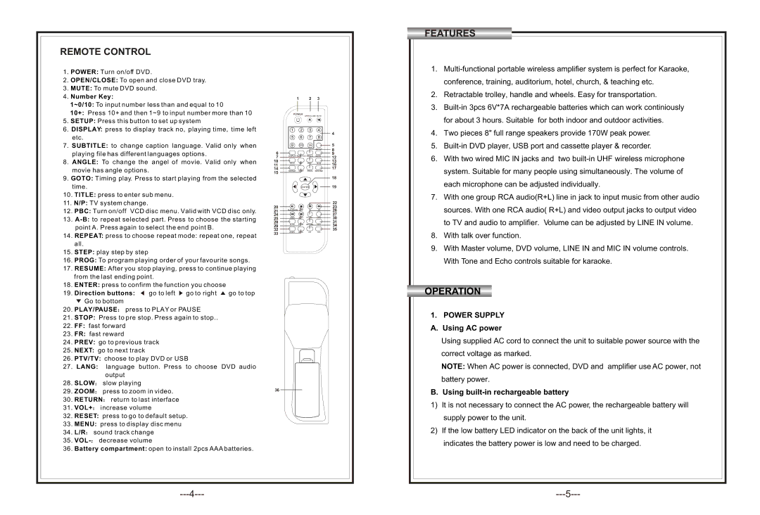 Hamilton Electronics PA-85 Remote Control, Features, Power Supply A. Using AC power, Using built-in rechargeable battery 