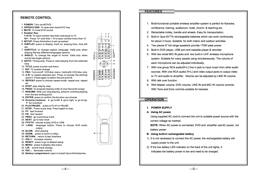 Hamilton Electronics PA-85 operation manual Remote Control, Features, Operation, POWER SUPPLY A. Using AC power 