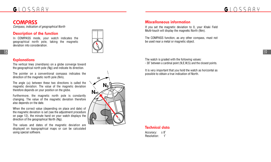 Hamilton Watch Khaki Field Multi-Touch manual O S S a R YG L O S S a R Y, Accuracy ± 8˚ Resolution 1˚ 