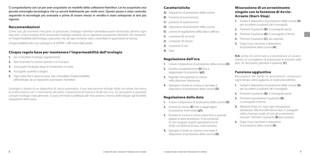 Hamilton Watch Khaki Navy Frogman manual Raccomandazioni, Caratteristiche, Regolazione dell’ora, Regolazione della data 