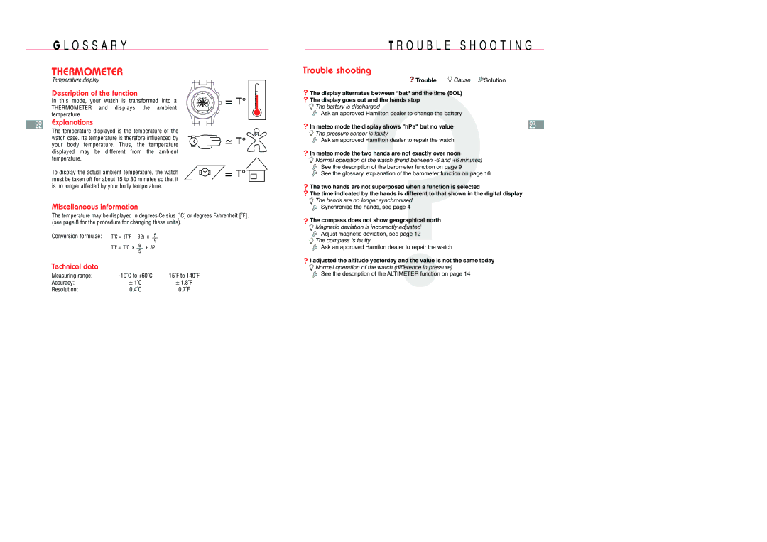 Hamilton Watch Multi Touch Watch manual Thermometer, Troubleshooting 