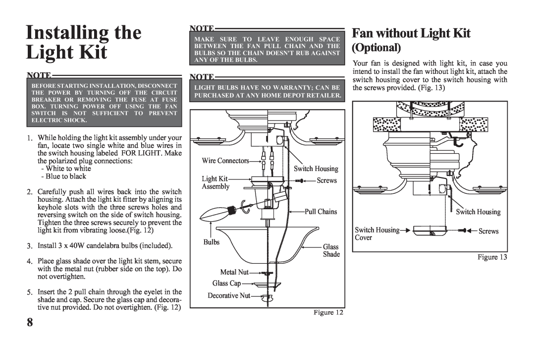 Hampton Bay 122 135 owner manual Installing the Light Kit, Fan without Light Kit, Optional 