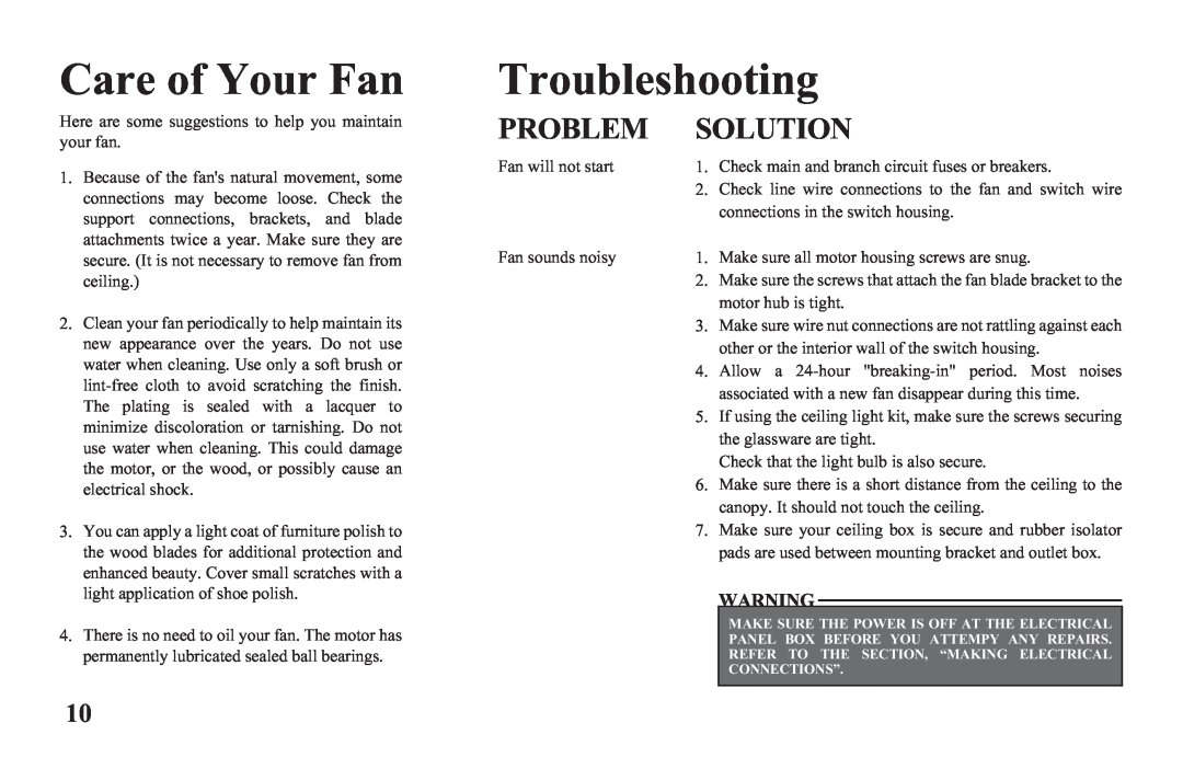 Hampton Bay 122 135 owner manual Care of Your Fan, Troubleshooting, Problem, Solution 