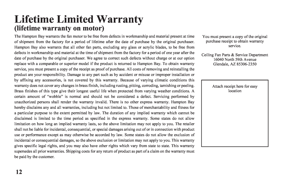 Hampton Bay 122 135 owner manual Lifetime Limited Warranty, lifetime warranty on motor 