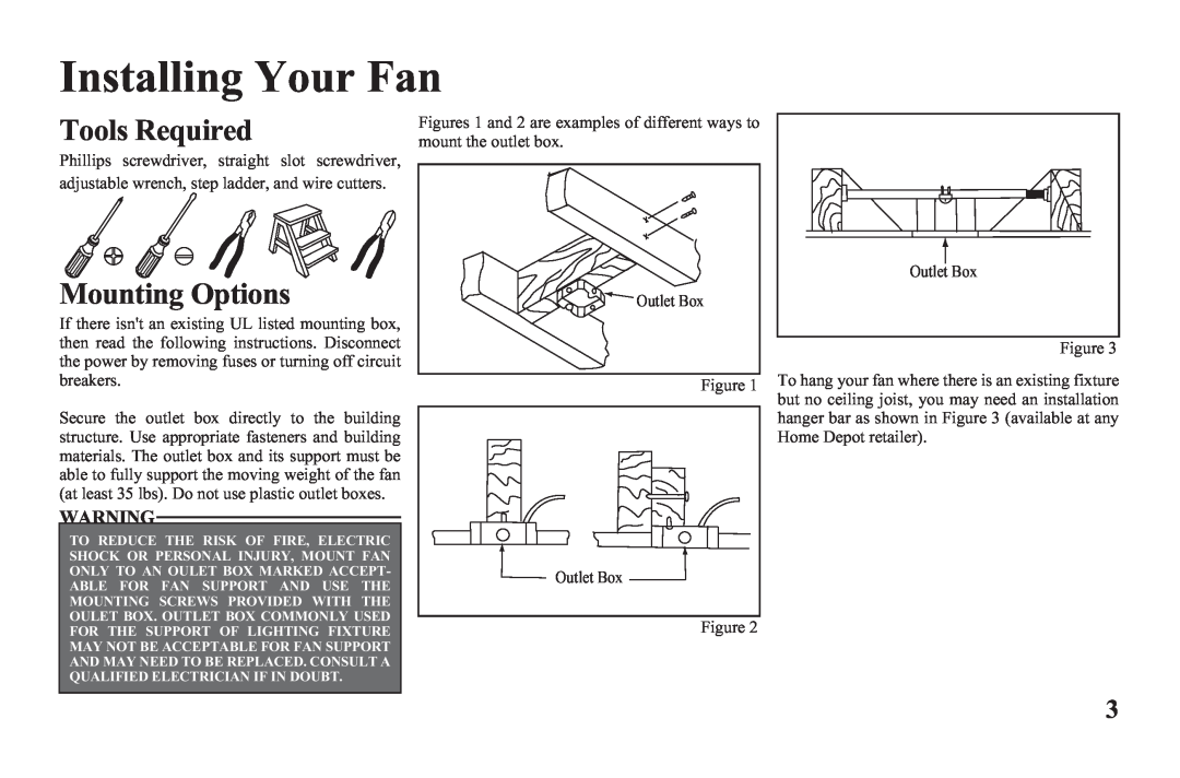 Hampton Bay 122 135 owner manual Installing Your Fan, Tools Required, Mounting Options 