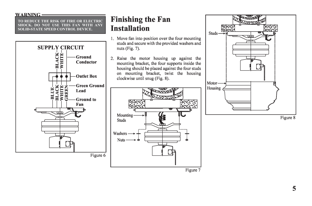 Hampton Bay 122 135 owner manual Finishing the Fan Installation, Supply Circuit, Ground, Conductor, White Black Blue 