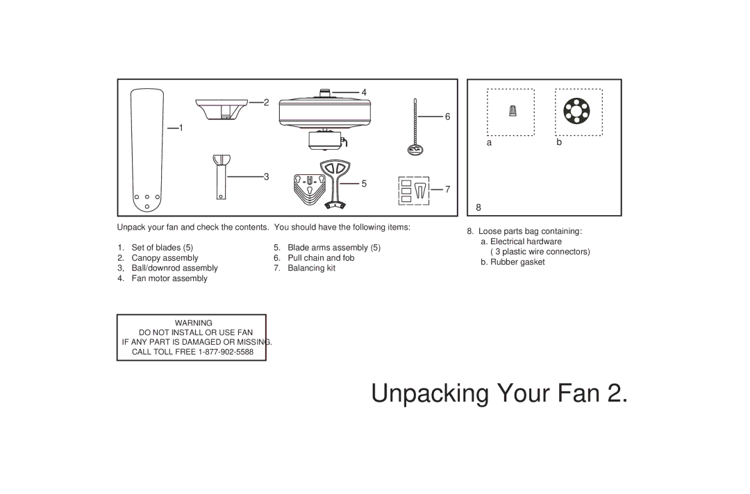 Hampton Bay 171-348, 172-503, 170-721 Unpacking Your Fan, Do not Install or USE FAN If ANY Part is Damaged or Missing 