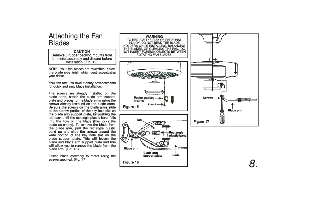 Hampton Bay 170-721, 172-503, 171-348, 176-925, 171-889 owner manual Attaching the Fan Blades 