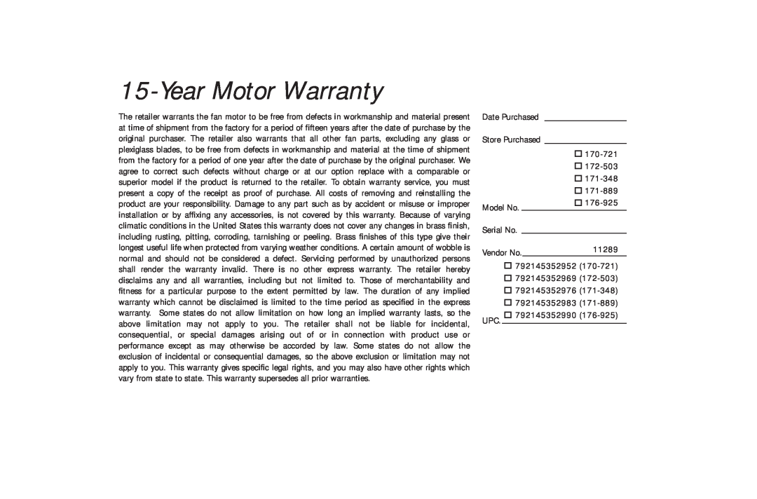 Hampton Bay 176-925, 172-503, 171-348, 170-721, 171-889 owner manual Year Motor Warranty 
