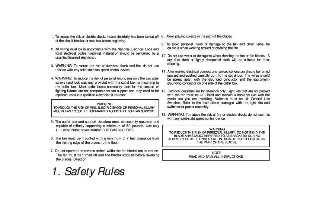 Hampton Bay 172-503, 171-348, 170-721, 176-925, 171-889 owner manual Safety Rules 