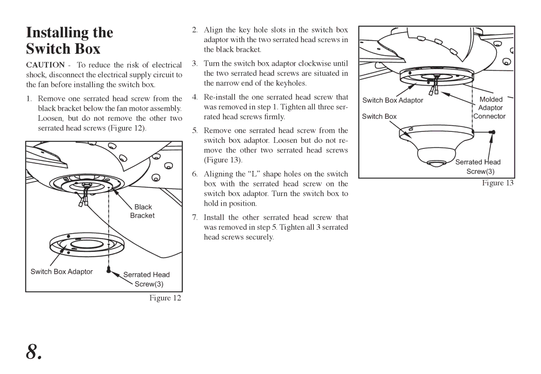 Hampton Bay 68-ATR owner manual Installing Switch Box 