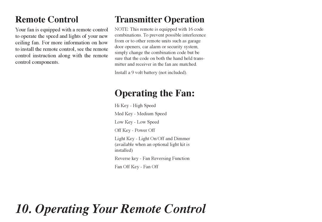 Hampton Bay 68-ATR owner manual Operating Your Remote Control, Operating the Fan, Transmitter Operation 