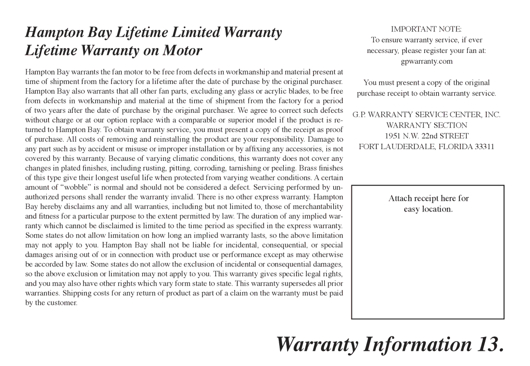 Hampton Bay 68-ATR owner manual Warranty Information, Important Note 