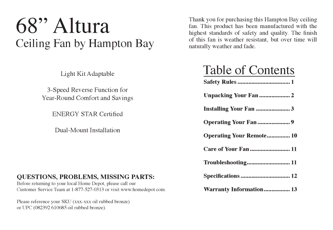 Hampton Bay 68-ATR owner manual Altura 