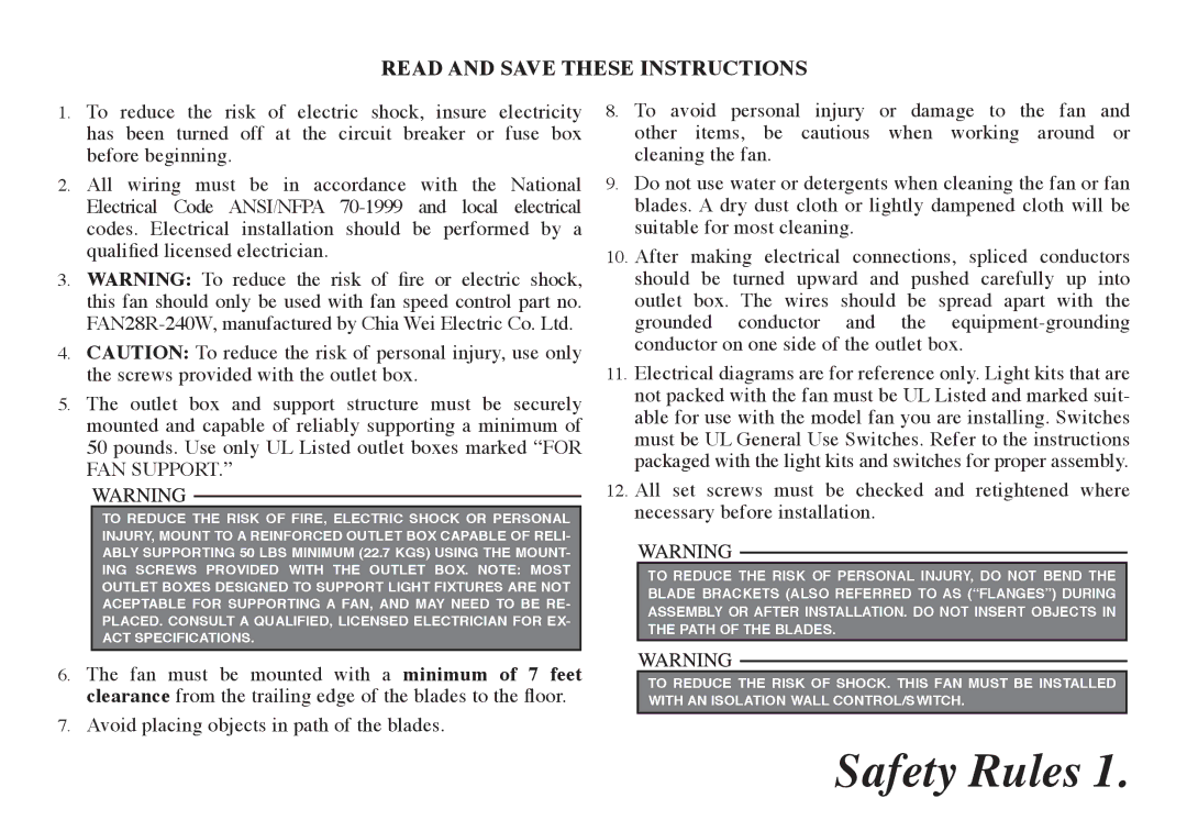 Hampton Bay 68-ATR owner manual Safety Rules, Read and Save These Instructions 