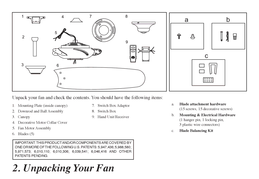 Hampton Bay 68-ATR owner manual Unpacking Your Fan, Important this PRODUCTAND/OR Componentsare Covered by 