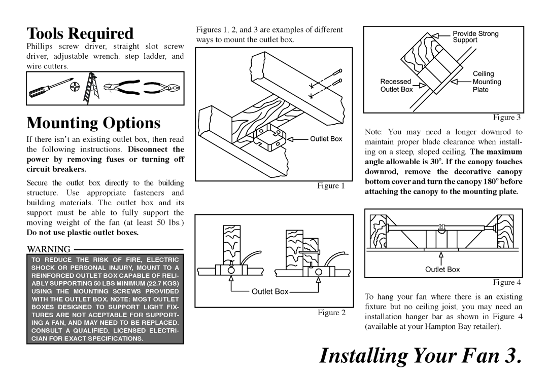 Hampton Bay 68-ATR owner manual Installing Your Fan, Tools Required, Mounting Options 