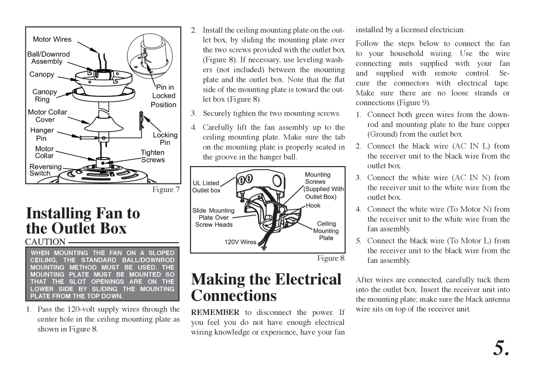 Hampton Bay 68-ATR owner manual Installing Fan to the Outlet Box, Making the Electrical Connections 