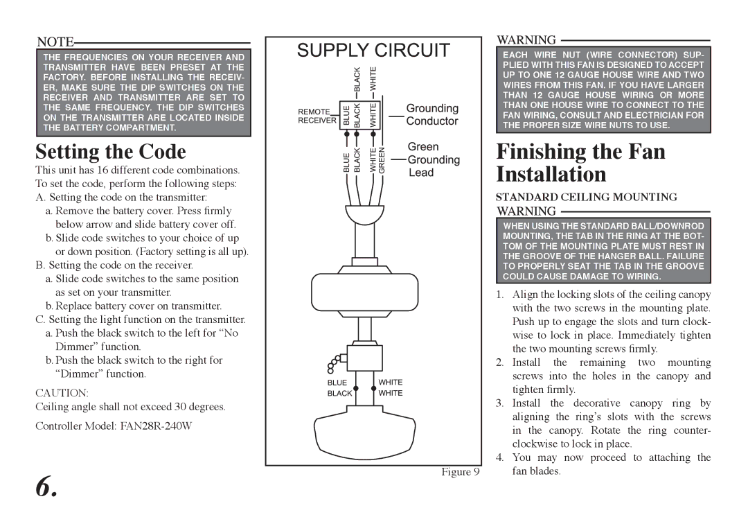 Hampton Bay 68-ATR owner manual Finishing the Fan Installation, Setting the Code 