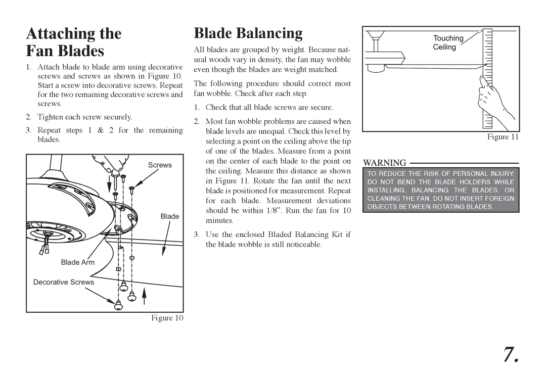 Hampton Bay 68-ATR owner manual Attaching Fan Blades, Blade Balancing 