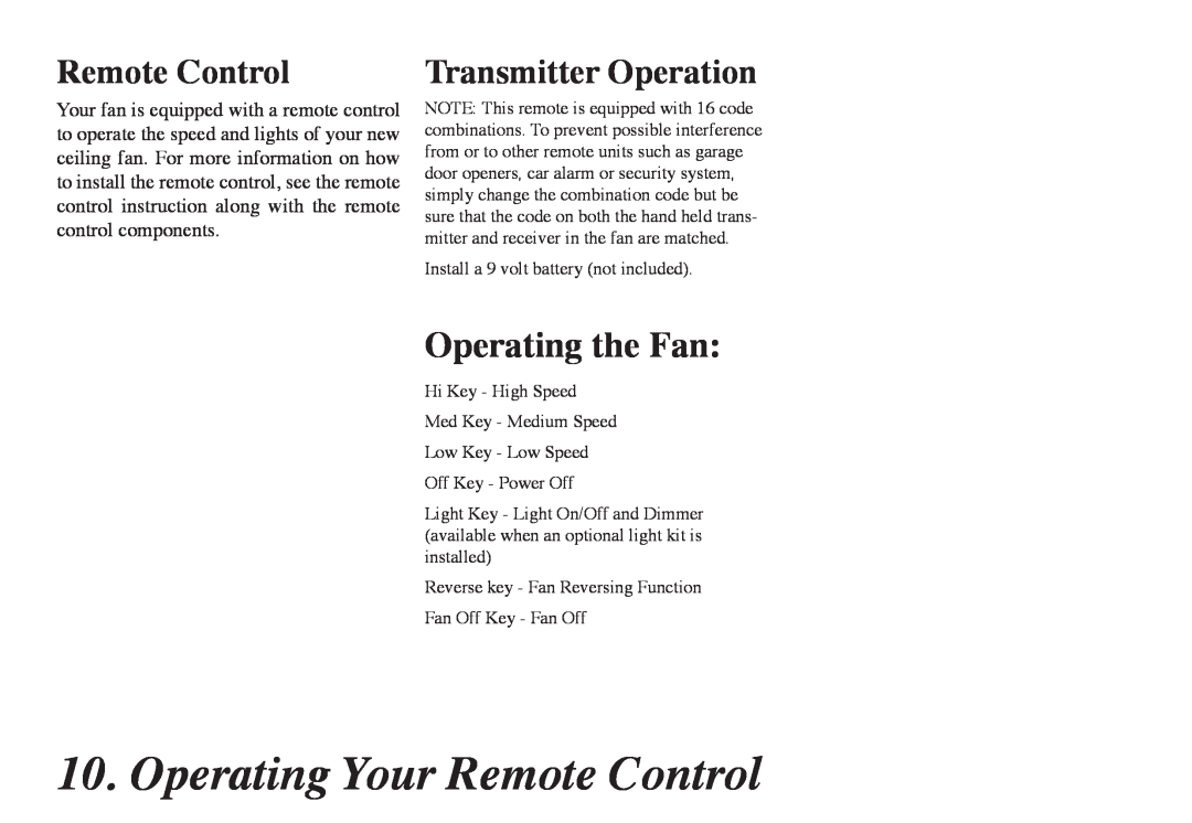 Hampton Bay 68-ATR owner manual Operating Your Remote Control, Operating the Fan, Transmitter Operation 
