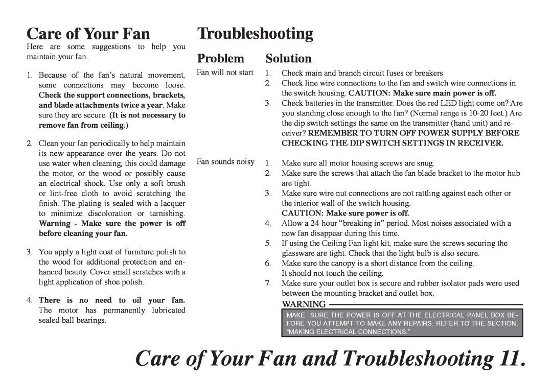 Hampton Bay 68-ATR owner manual Care of Your Fan and Troubleshooting, Problem, Solution 