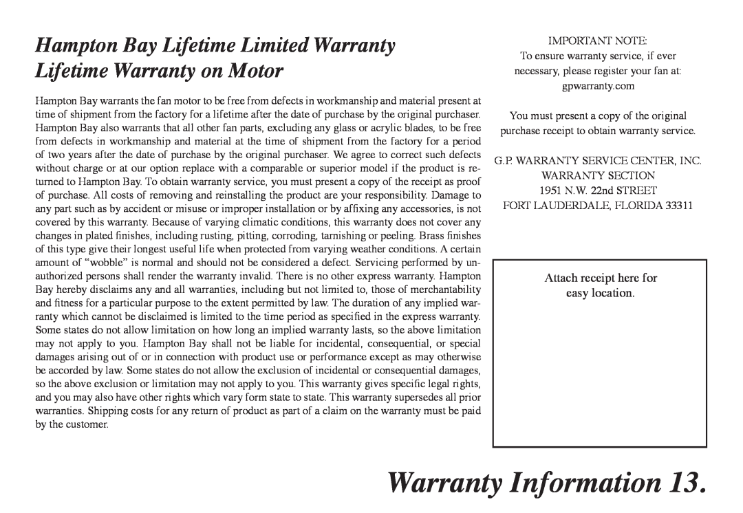 Hampton Bay 68-ATR owner manual Warranty Information, Hampton Bay Lifetime Limited Warranty Lifetime Warranty on Motor 